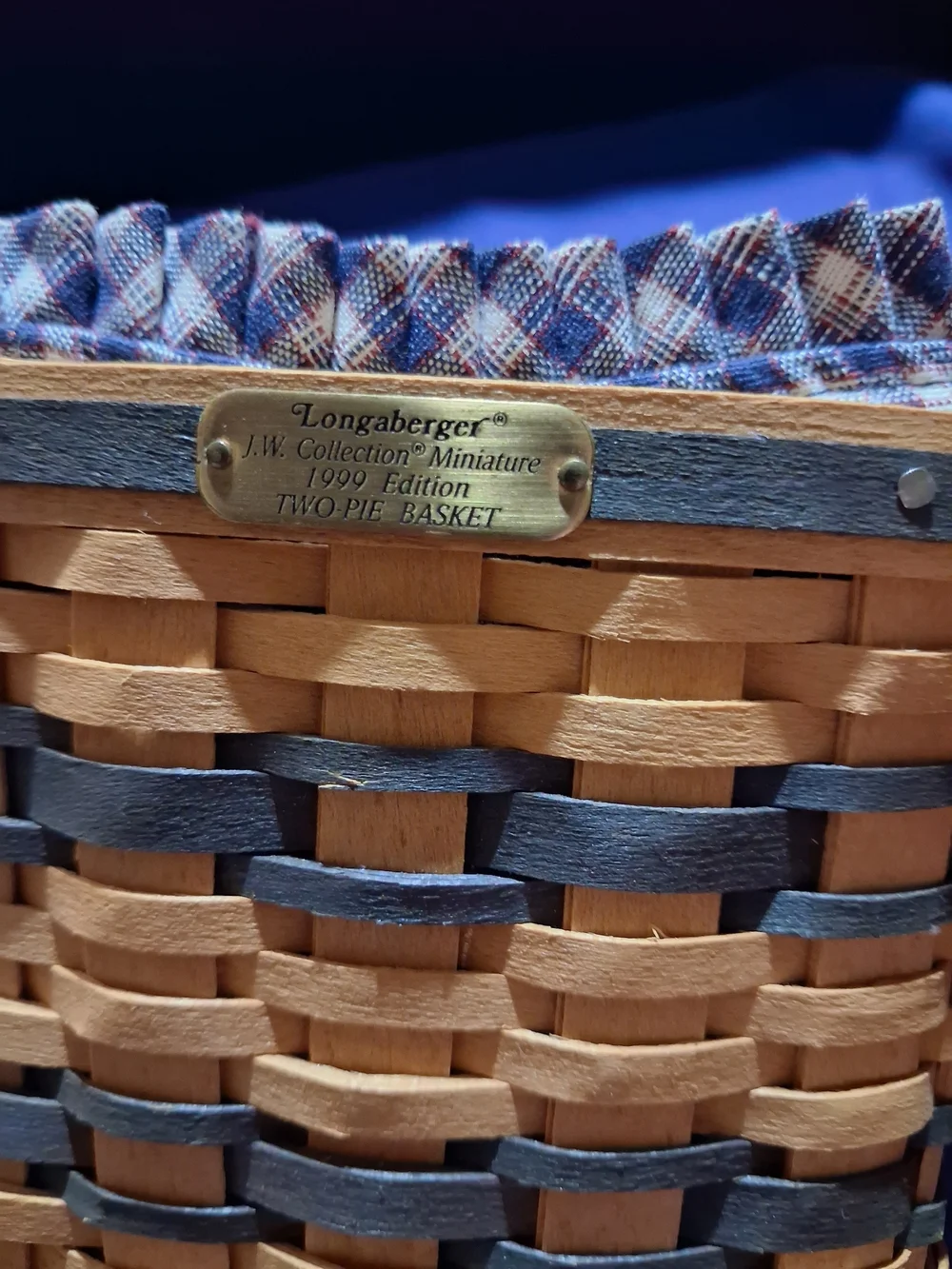 Longaberger Blue Plaid Lined Woven Storage Basket